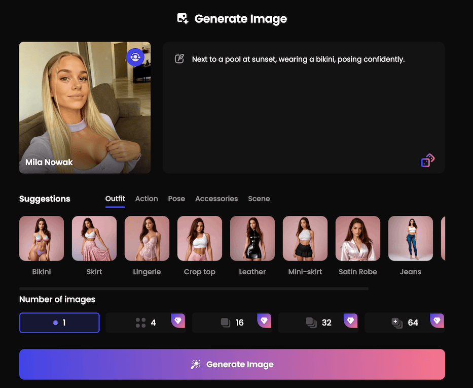 Candy AI image generator interface showing outfit suggestions, prompt input, and token-gated batch options