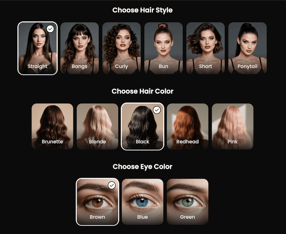 Candy AI character creation showing hair style, hair color, and eye color selection options