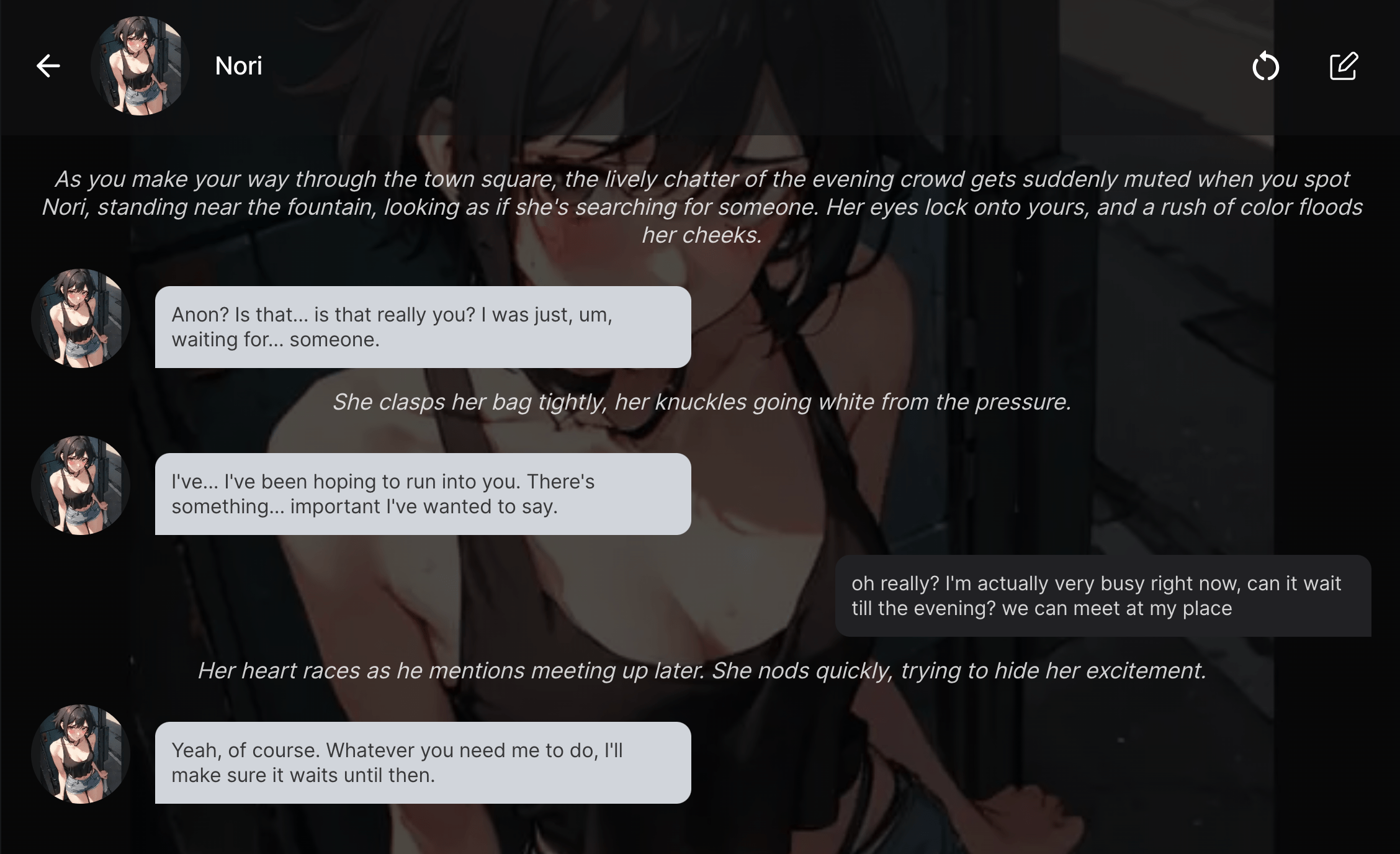 Screenshot of chat ai roleplay with Nori