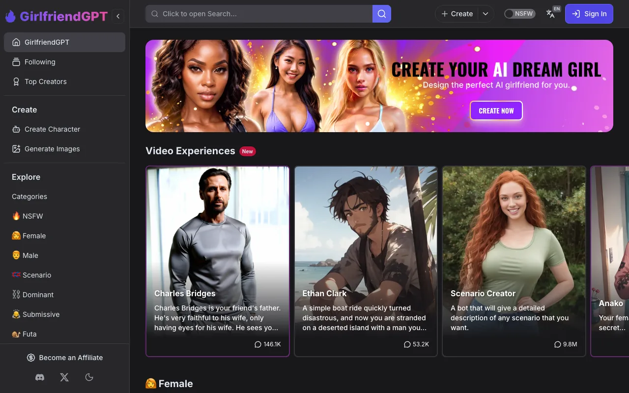 GirlfriendGPT homepage showing character browser with AI characters and category sidebar