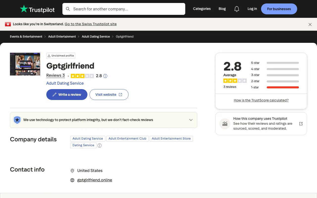 GirlfriendGPT Trustpilot page showing 2.8 out of 5 rating with 1-star reviews