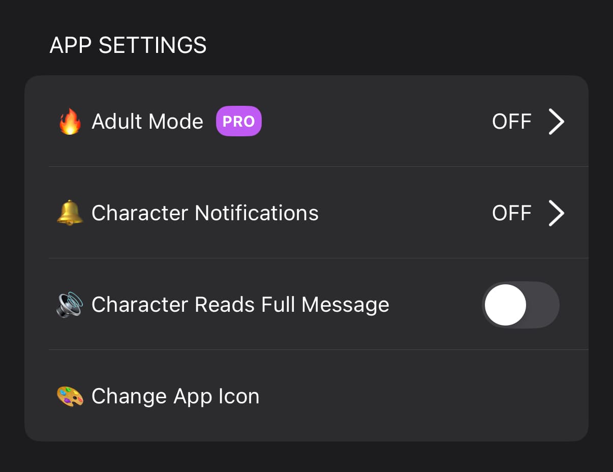 Jupi adult mode settings screen