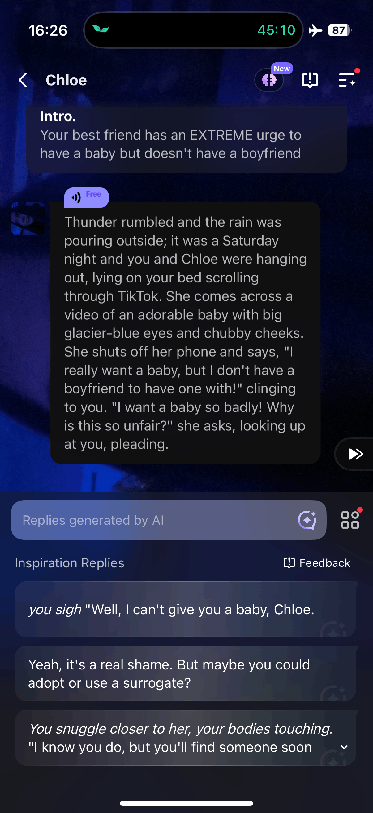 PolyBuzz AI chat interface with reply suggestions