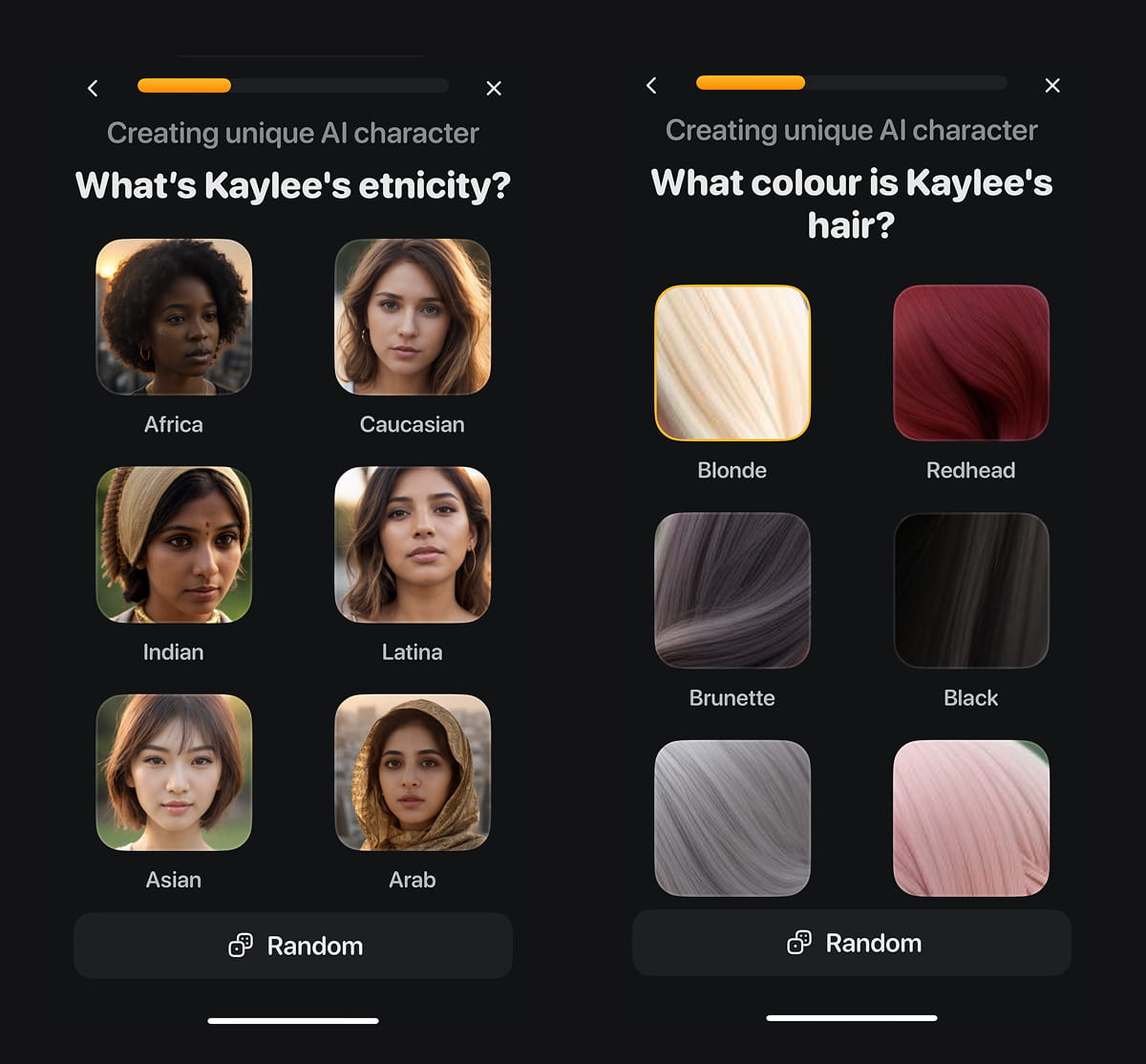 Romantic AI character creation showing ethnicity and hair color selection