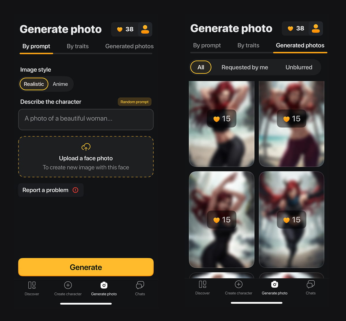 Romantic AI standalone image generator with prompt input and blurred generated photos