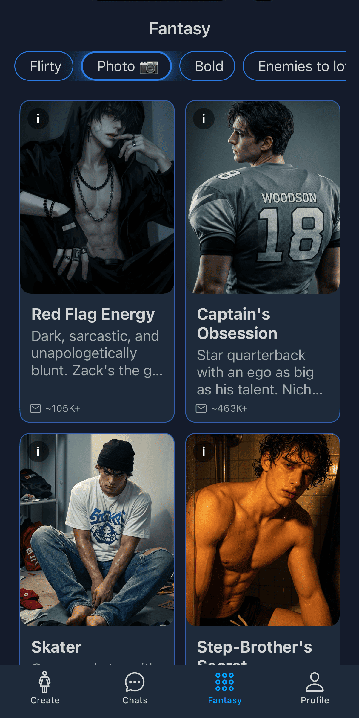 SpicyBF AI boyfriend character catalog on iOS