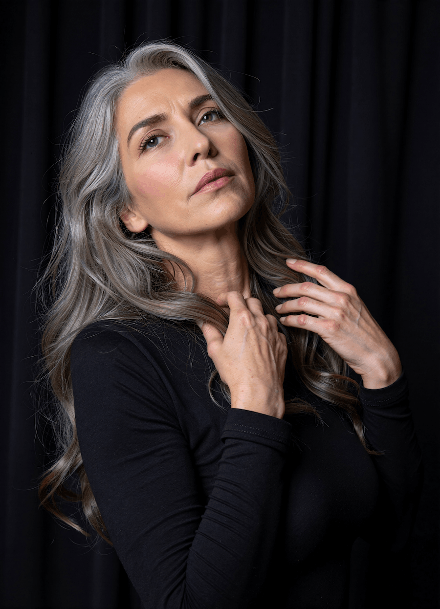 Silvana — elegant silver-haired milf AI character, artistic portrait