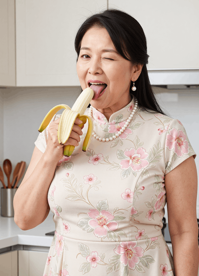 Mei — playful Asian milf AI character in kitchen